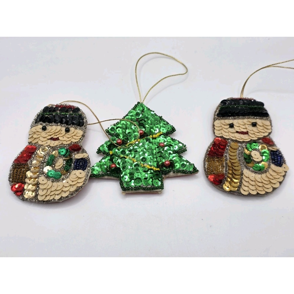 3 Vintage Sequin Beaded Christmas Ornaments Tree Snowman